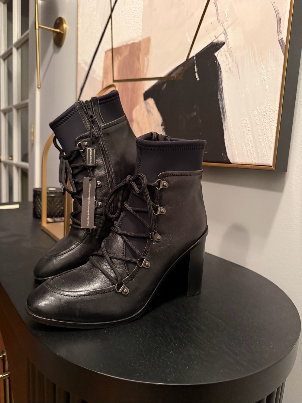 Napoleoni Black Lace-Up Block Heel Ankle Boots